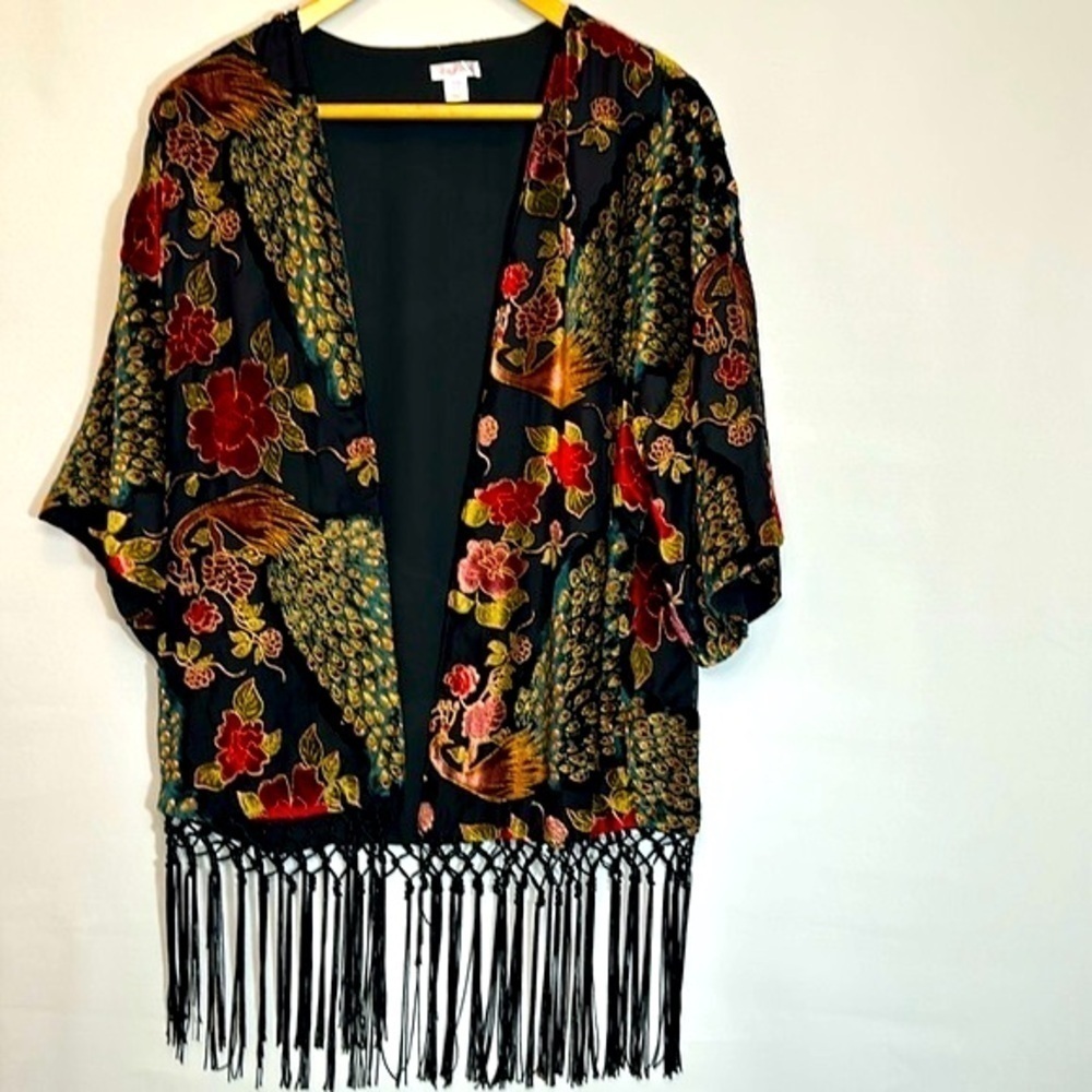 Xhilaration Womens Kimono Floral Peacock Burnout Velvet Petite XS/S TP/P Boho - Picture 14 of 14